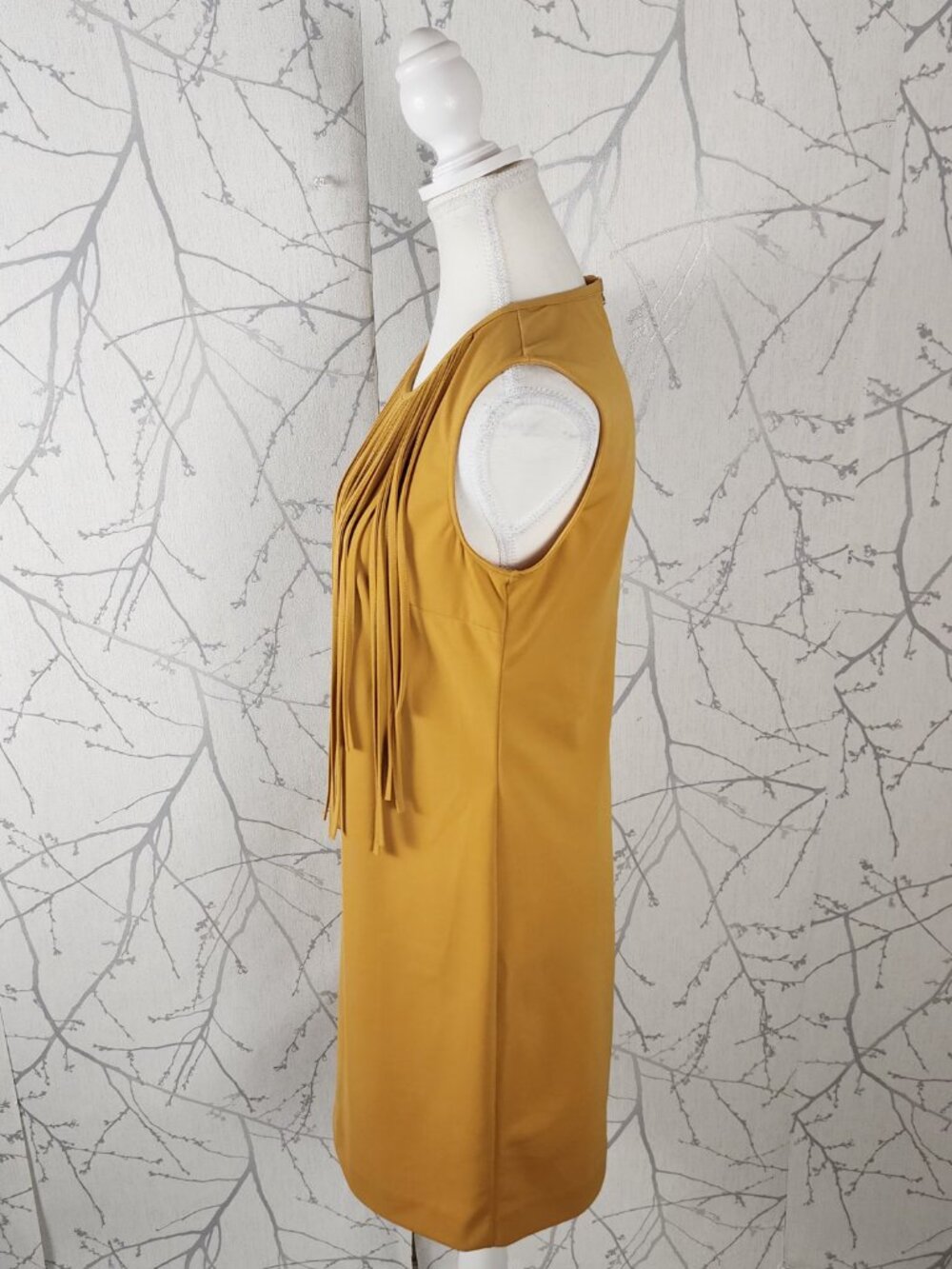 Minkas Yellow Stretch Knit Round Neck Fringe Dress - Picture 3 of 6